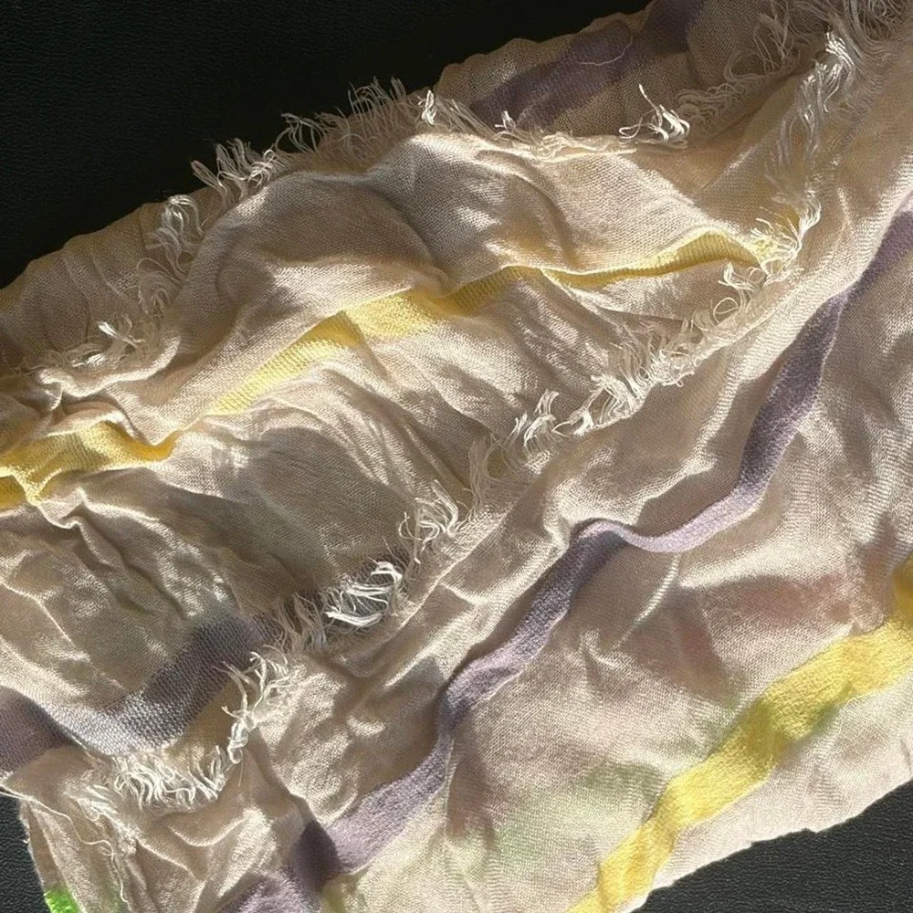 Multicolor Striped Summer Scarf Neon Gauze Crinkle Frayed Edge Wrap Beige Boho
